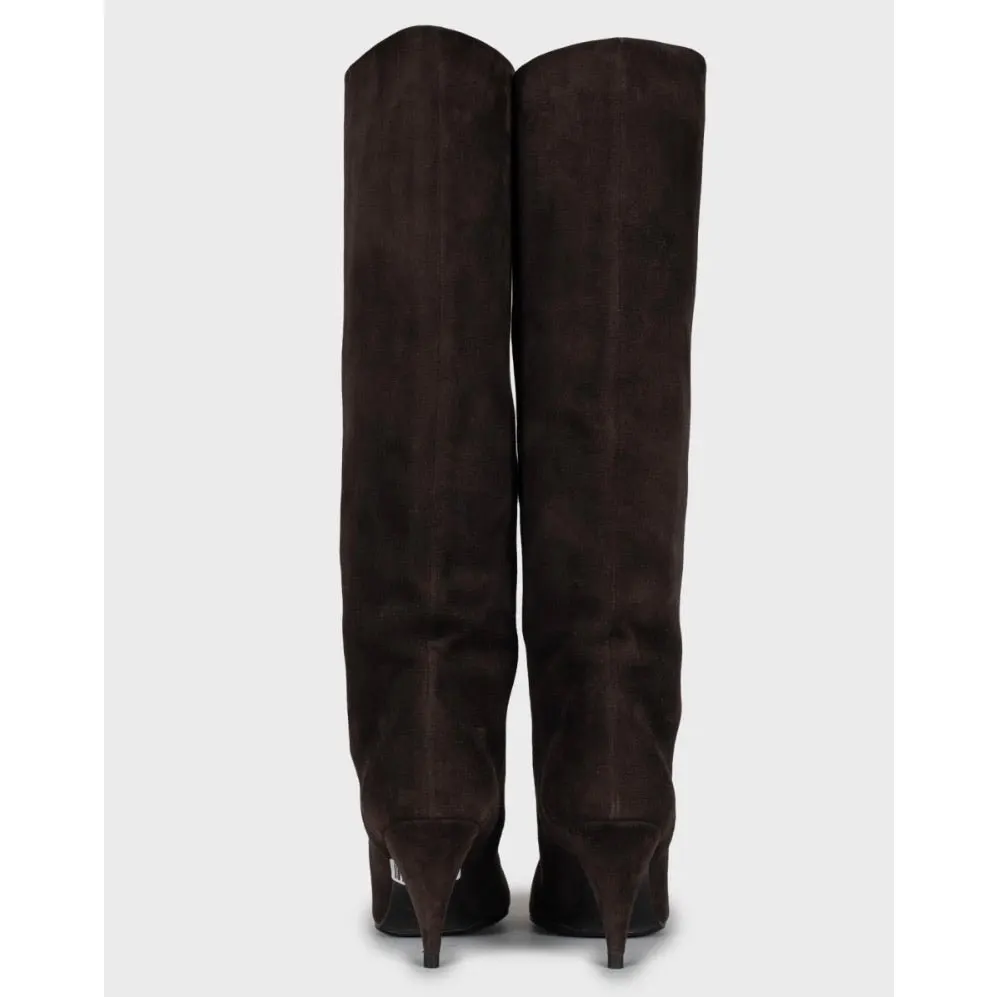 Saint Laurent Brown Suede Wedge Knee-High Boots Sz.38 Pre-owned Brown Suede Good - Model View