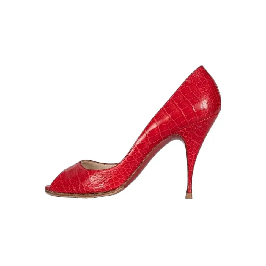 Christian Louboutin Red Embossed Leather Open Toe Heels Sz.39,5 Pre-owned Red Leather Good - Front View