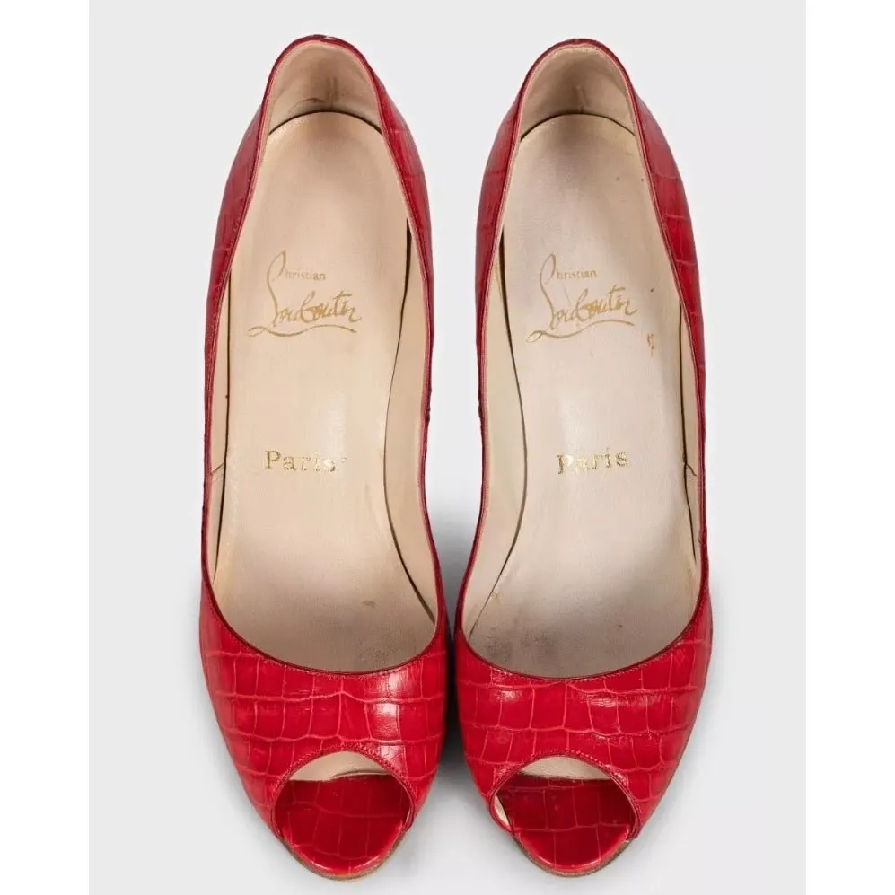 Christian Louboutin Red Embossed Leather Open Toe Heels Sz.39,5 Pre-owned Red Leather Good - Back View