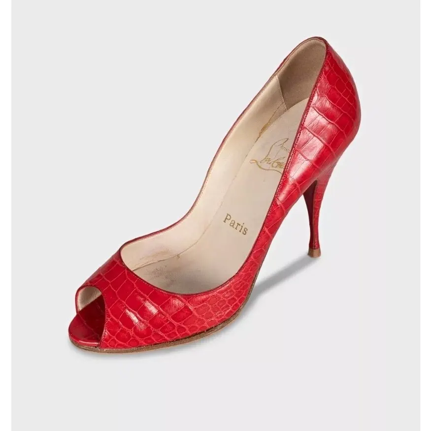 Christian Louboutin Red Embossed Leather Open Toe Heels Sz.39,5 Pre-owned Red Leather Good - Inside View