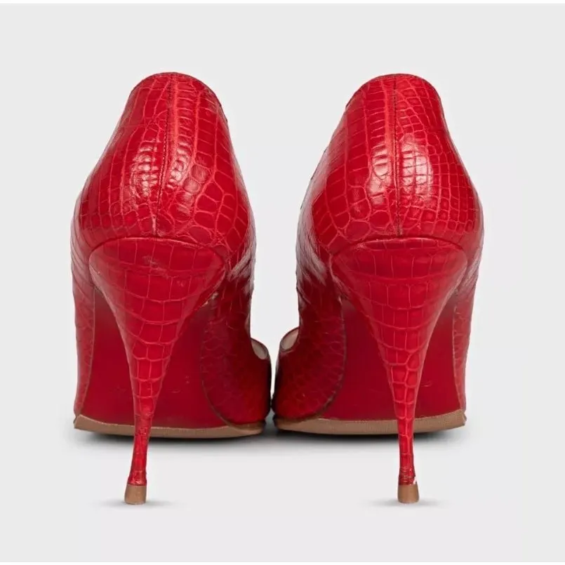 Christian Louboutin Red Embossed Leather Open Toe Heels Sz.39,5 Pre-owned Red Leather Good - Model View