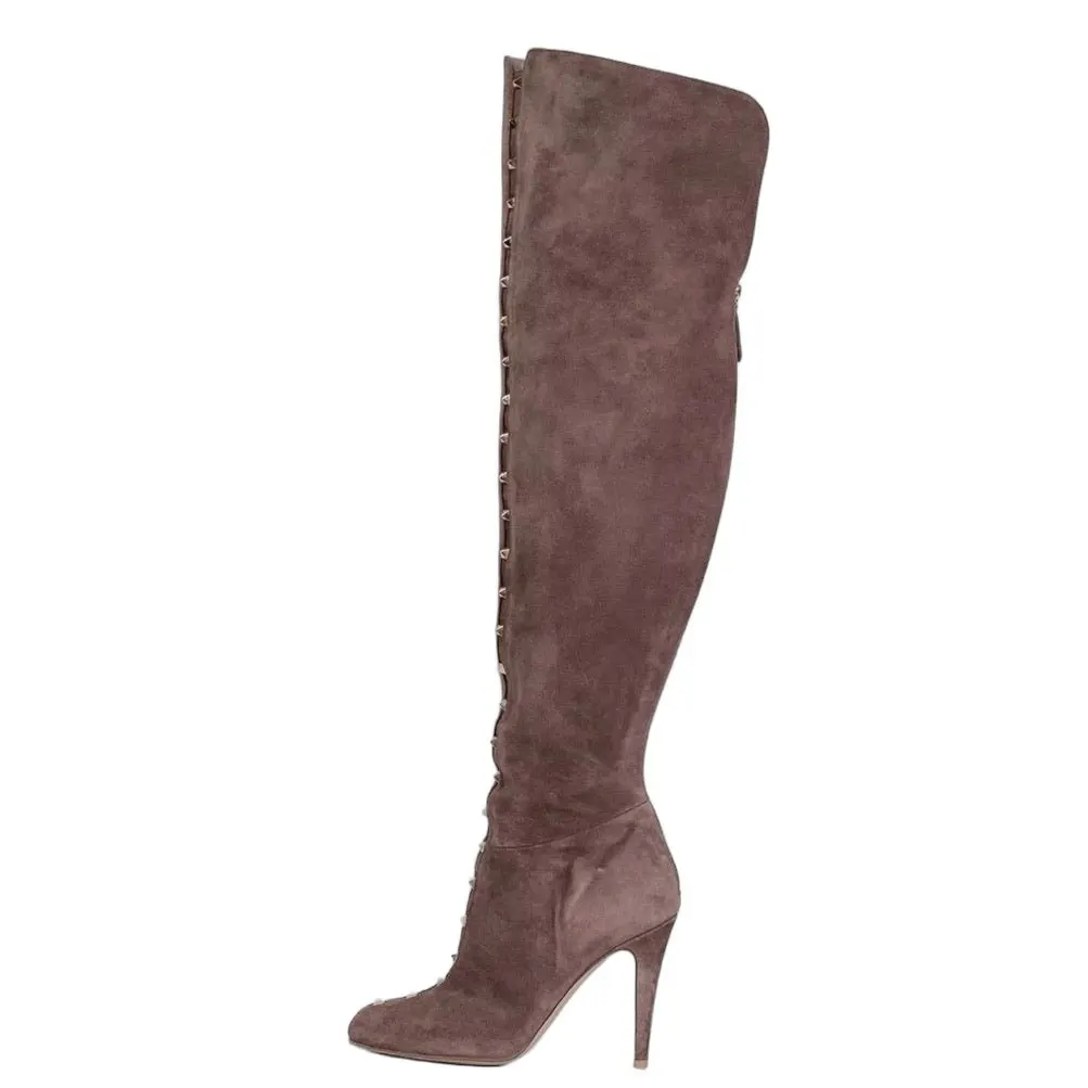 Valentino Brown Suede Over-the-Knee Boots Studded Gold Hardware EU 40 Pre-owned