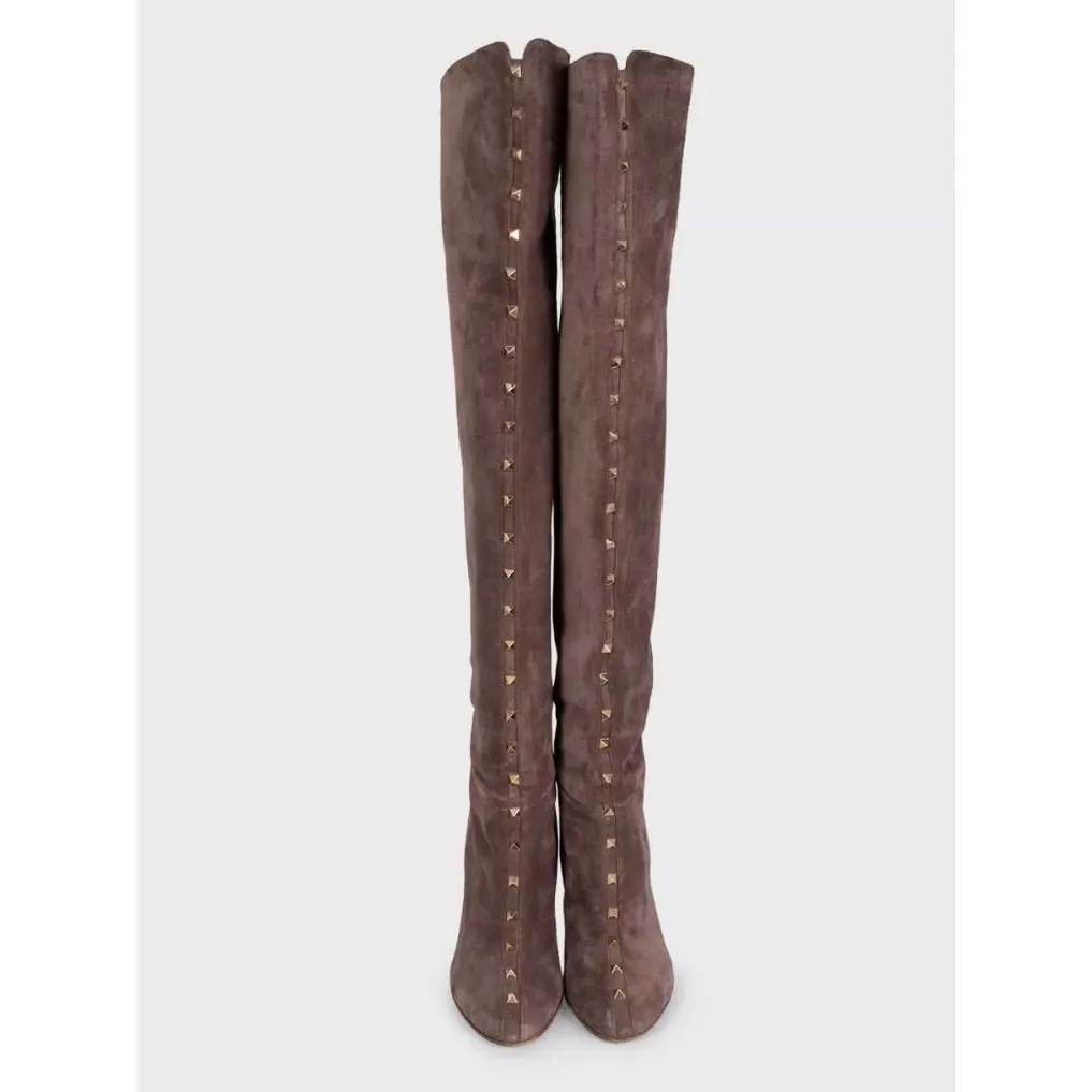 Valentino Brown Suede Over-the-Knee Boots Studded Gold Hardware EU 40 Pre-owned Brown Suede Good - Back View