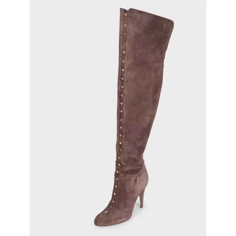 Valentino Brown Suede Over-the-Knee Boots Studded Gold Hardware EU 40 Pre-owned Brown Suede Good - Inside View