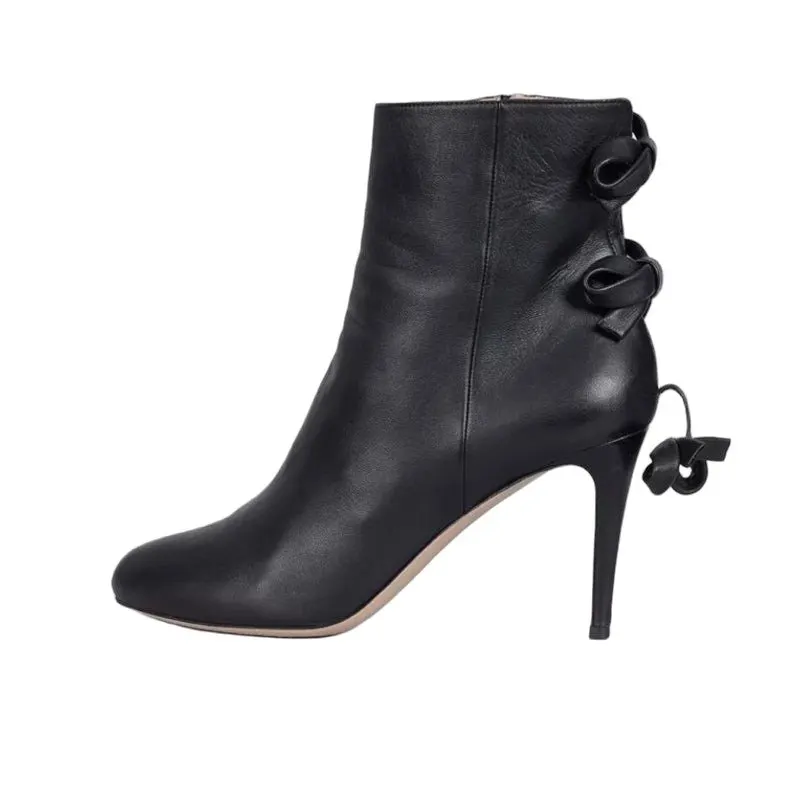 Valentino Black Leather Bow Ankle Boots Stiletto EU 40 Pre-owned
