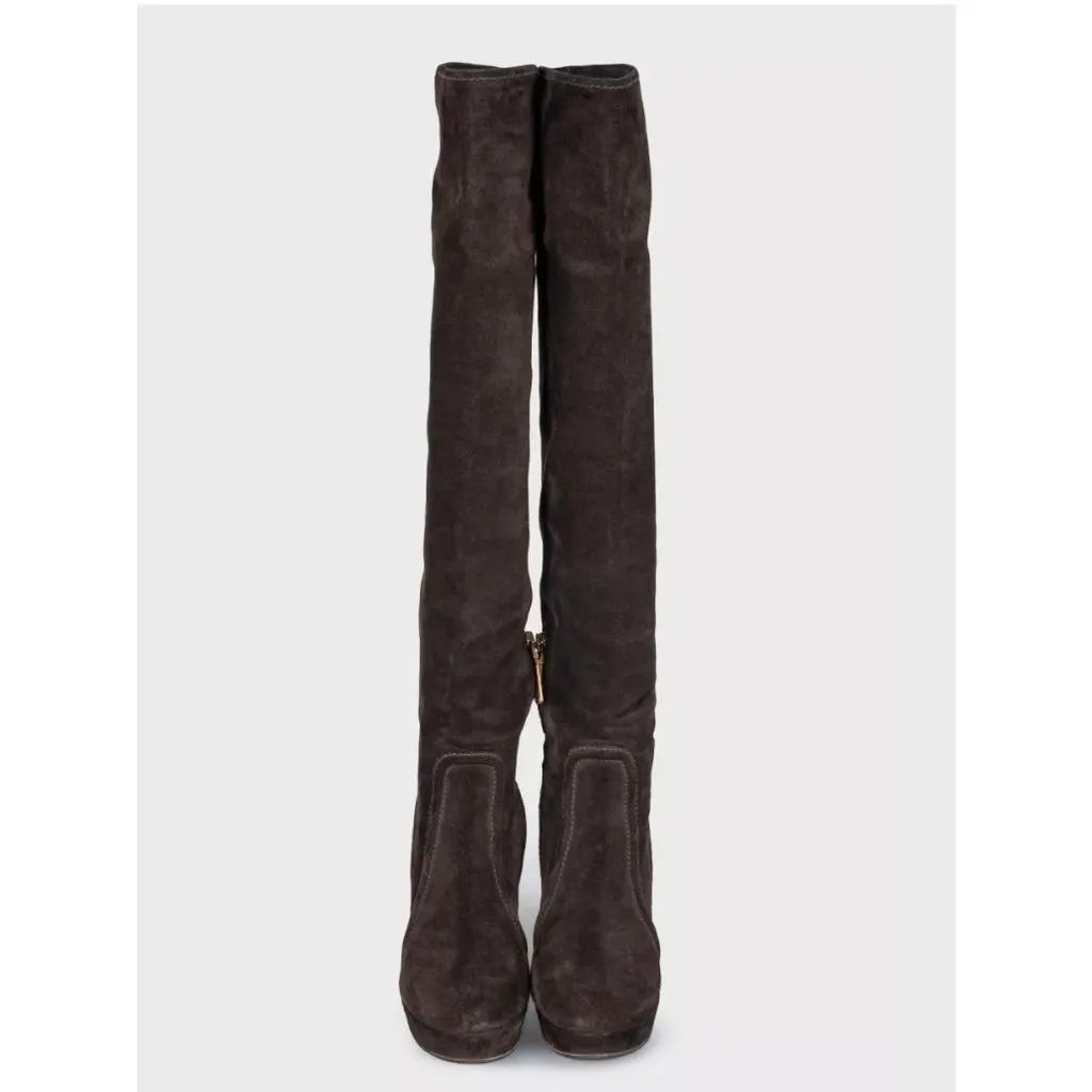 Prada Brown Suede Knee-High Boots - EU 35 Pre-owned Brown Suede Good - Back View