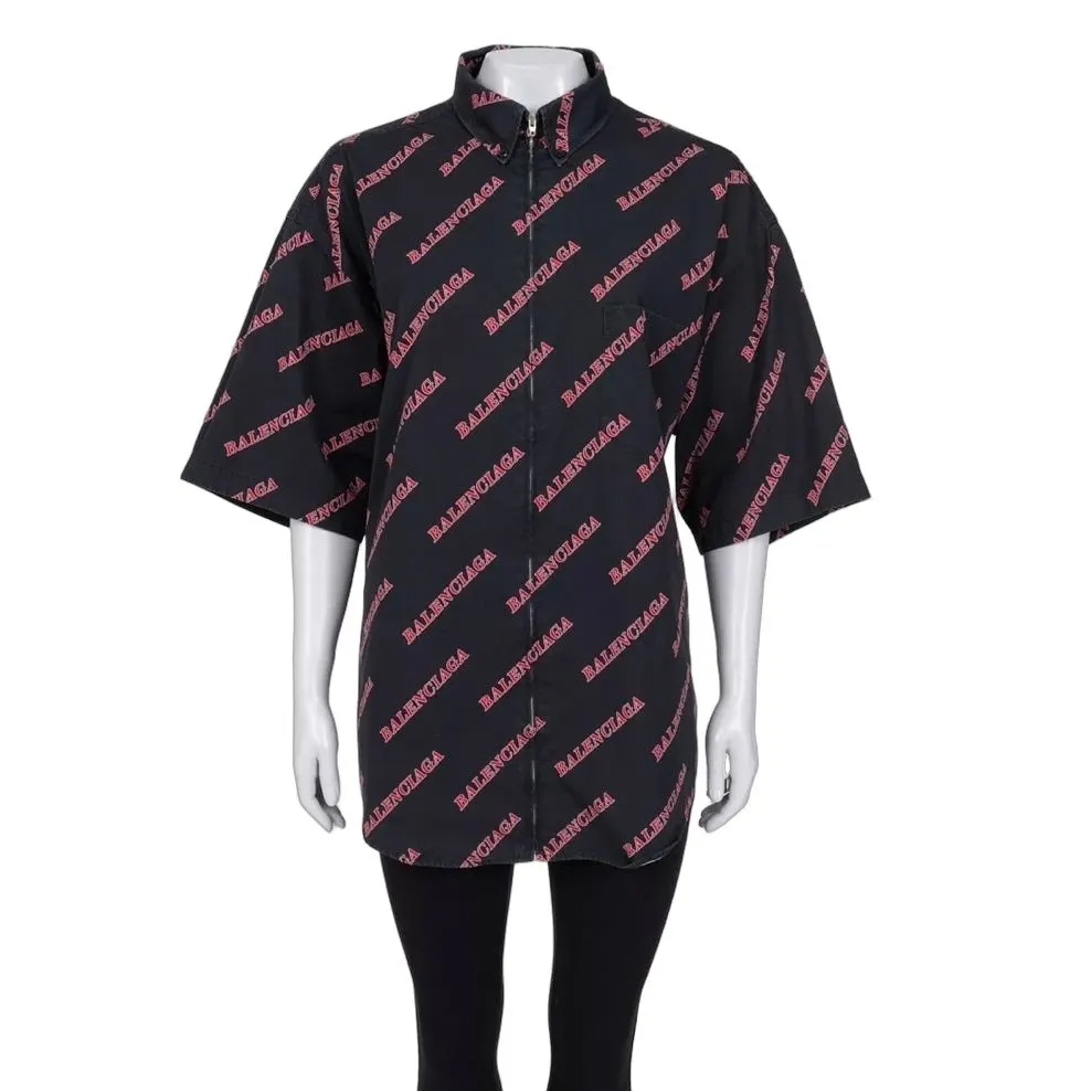 Balenciaga Black Cotton Zip-Up Shirt - Logo Print XXL Pre-owned Black Cotton Good - Front View
