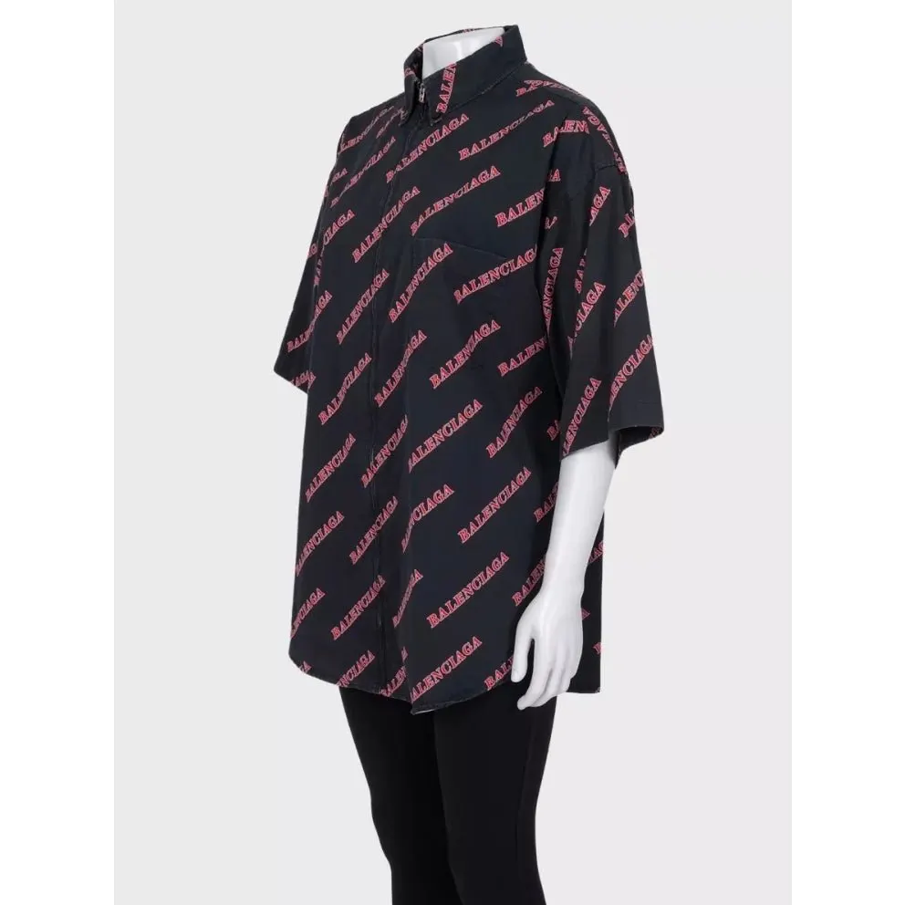 Balenciaga Black Cotton Zip-Up Shirt - Logo Print XXL Pre-owned Black Cotton Good - Back View