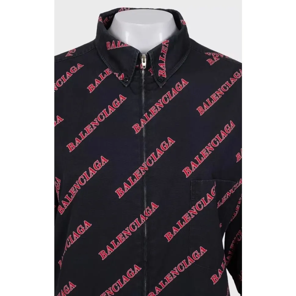 Balenciaga Black Cotton Zip-Up Shirt - Logo Print XXL Pre-owned Black Cotton Good - Model View