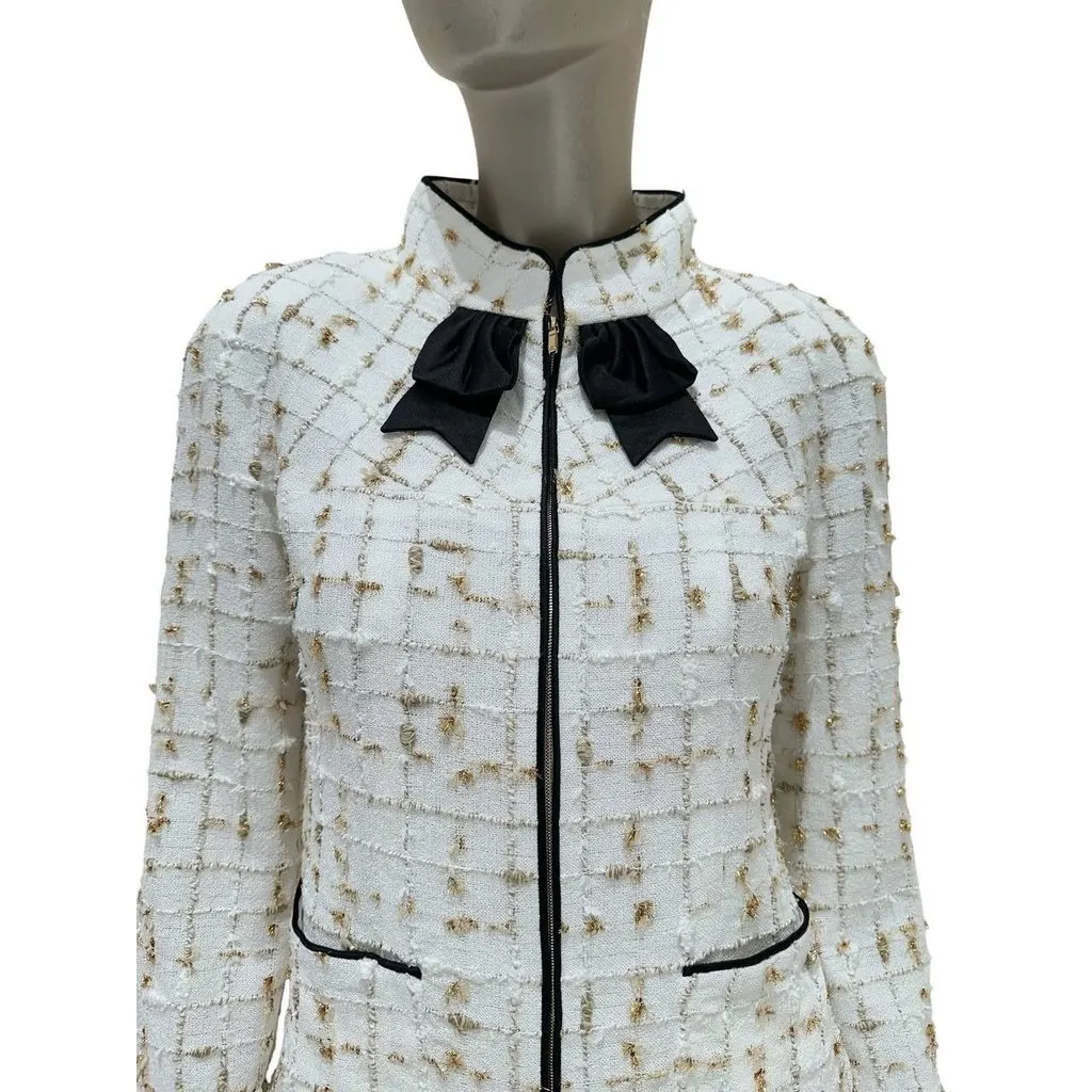 Chanel 2019P White Tweed Jacket Skirt Suit Black Bow Trim Size 38 Pre-owned Black Tweed Good - Inside View