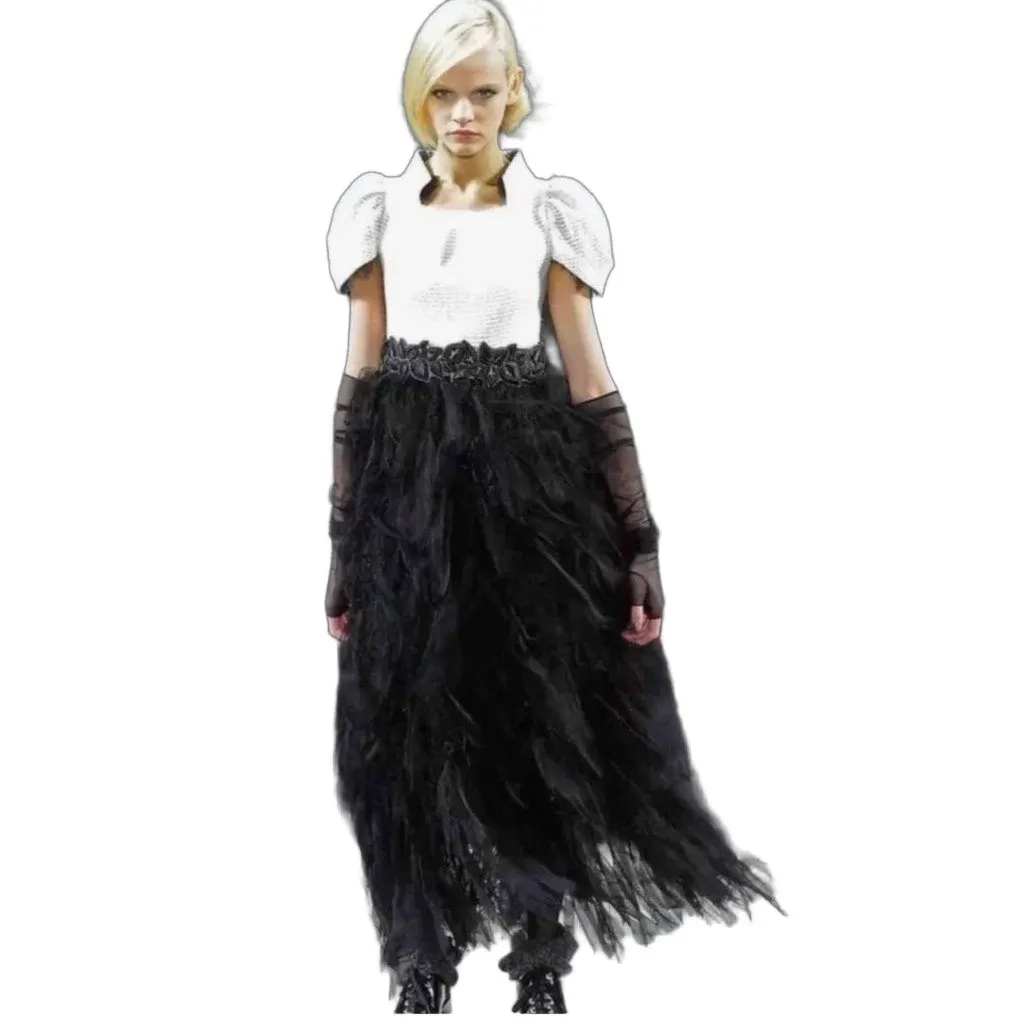 Chanel Stunning Chanel 11A Black & Ivory Feather Maxi Dress Sz.38 Pre-owned White Lace Good - Front View