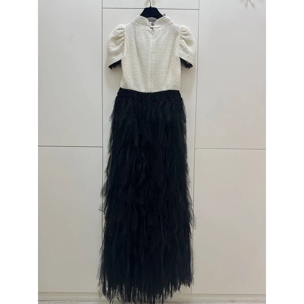 Chanel Stunning Chanel 11A Black & Ivory Feather Maxi Dress Sz.38 Pre-owned White Lace Good - Model View