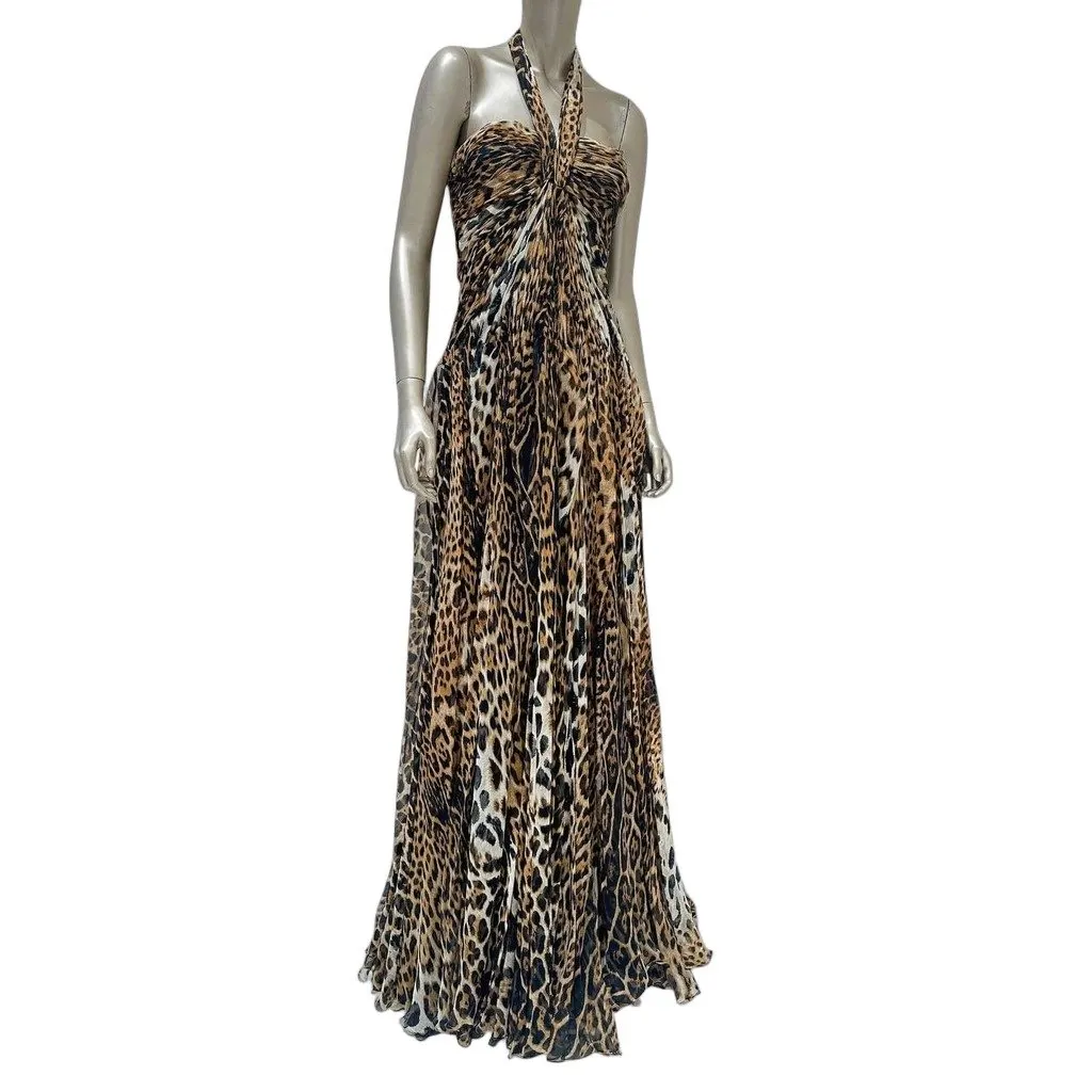 Saint Laurent YSL Vintage Leopard Silk Halter Maxi Dress - FR 38 Pre-owned White Silk Good - Front View