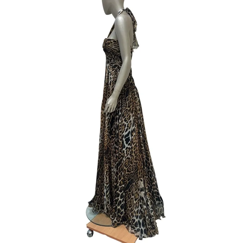 Saint Laurent YSL Vintage Leopard Silk Halter Maxi Dress - FR 38 Pre-owned White Silk Good - Back View