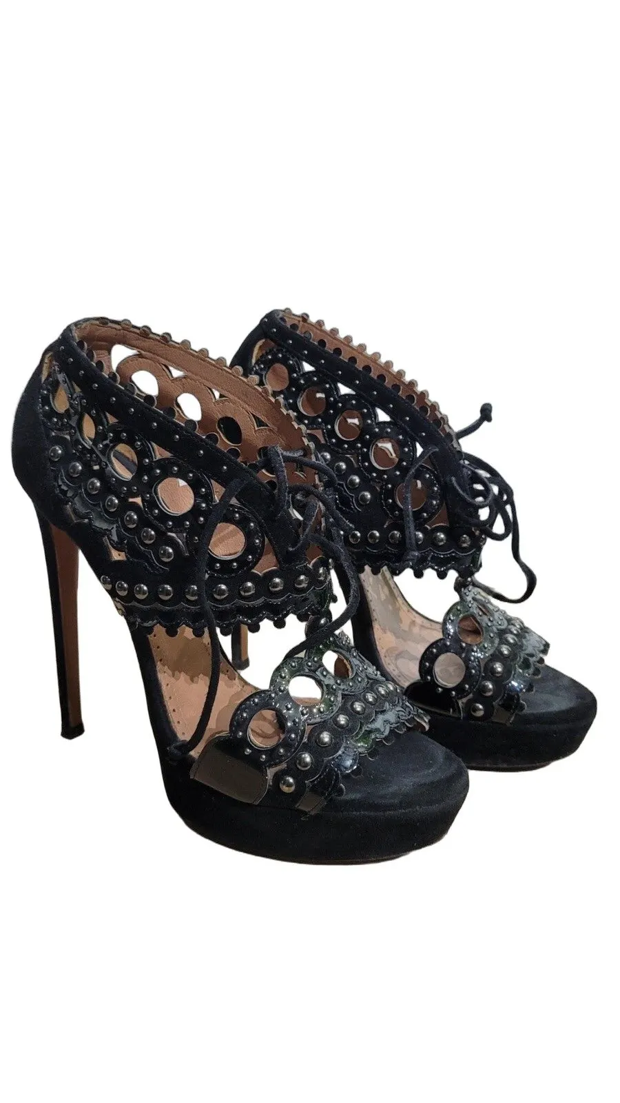 Alaïa Black Laser Cut Leather Suede Studs Platform Heels Sandals sz.38 Pre-Owned Black Leather Good - Front View