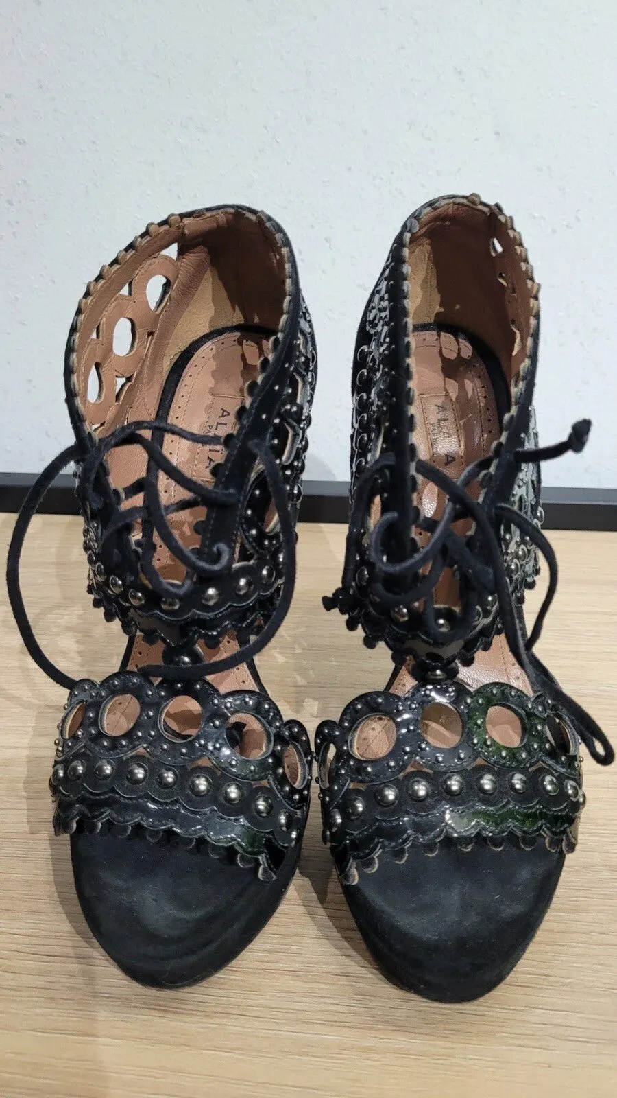 Alaïa Black Laser Cut Leather Suede Studs Platform Heels Sandals sz.38 Pre-Owned Black Leather Good - Model View