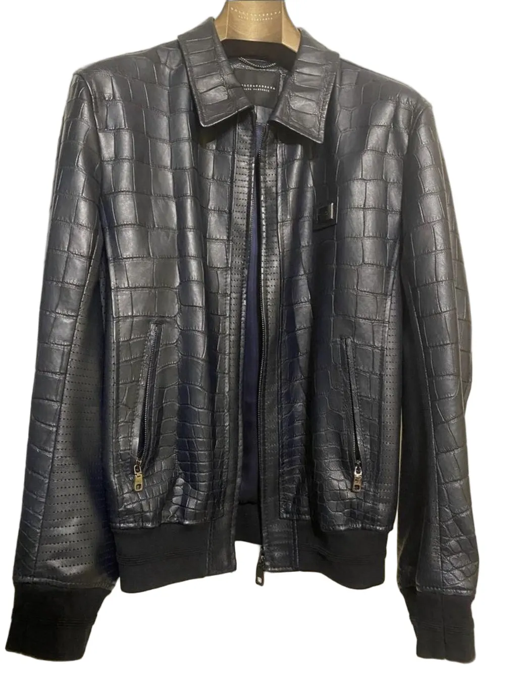 Dolce & Gabbana Dolce and Gabbana Navy Crocodile Print Lambskin Bomber Jacket Sz.48-50 Pre-Owned Navy Leather Good - Front View