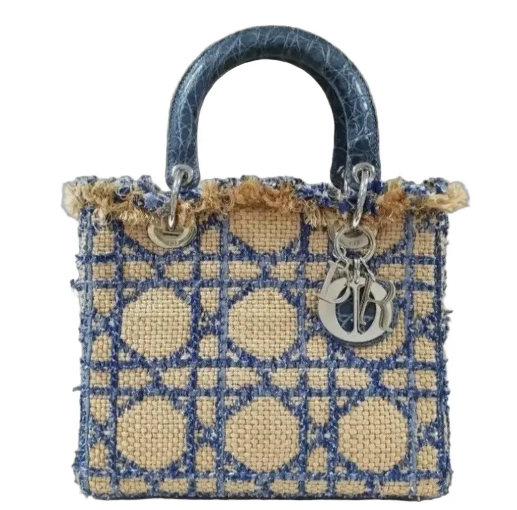 Dior Dior Lady Dior Medium Tweed  Crocodile  Print Lambskin  Handle Bag Pre-Owned MultiColor Tweed Good - Front View