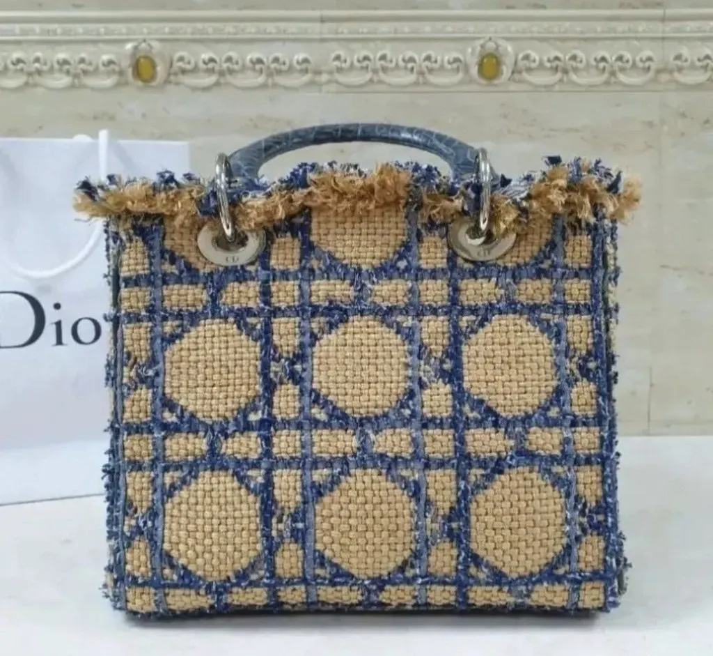 Dior Dior Lady Dior Medium Tweed  Crocodile  Print Lambskin  Handle Bag Pre-Owned MultiColor Tweed Good - Back View
