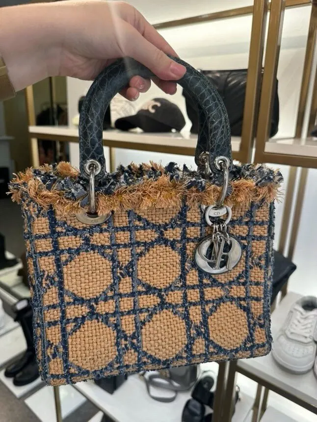 Dior Dior Lady Dior Medium Tweed  Crocodile  Print Lambskin  Handle Bag Pre-Owned MultiColor Tweed Good - Inside View