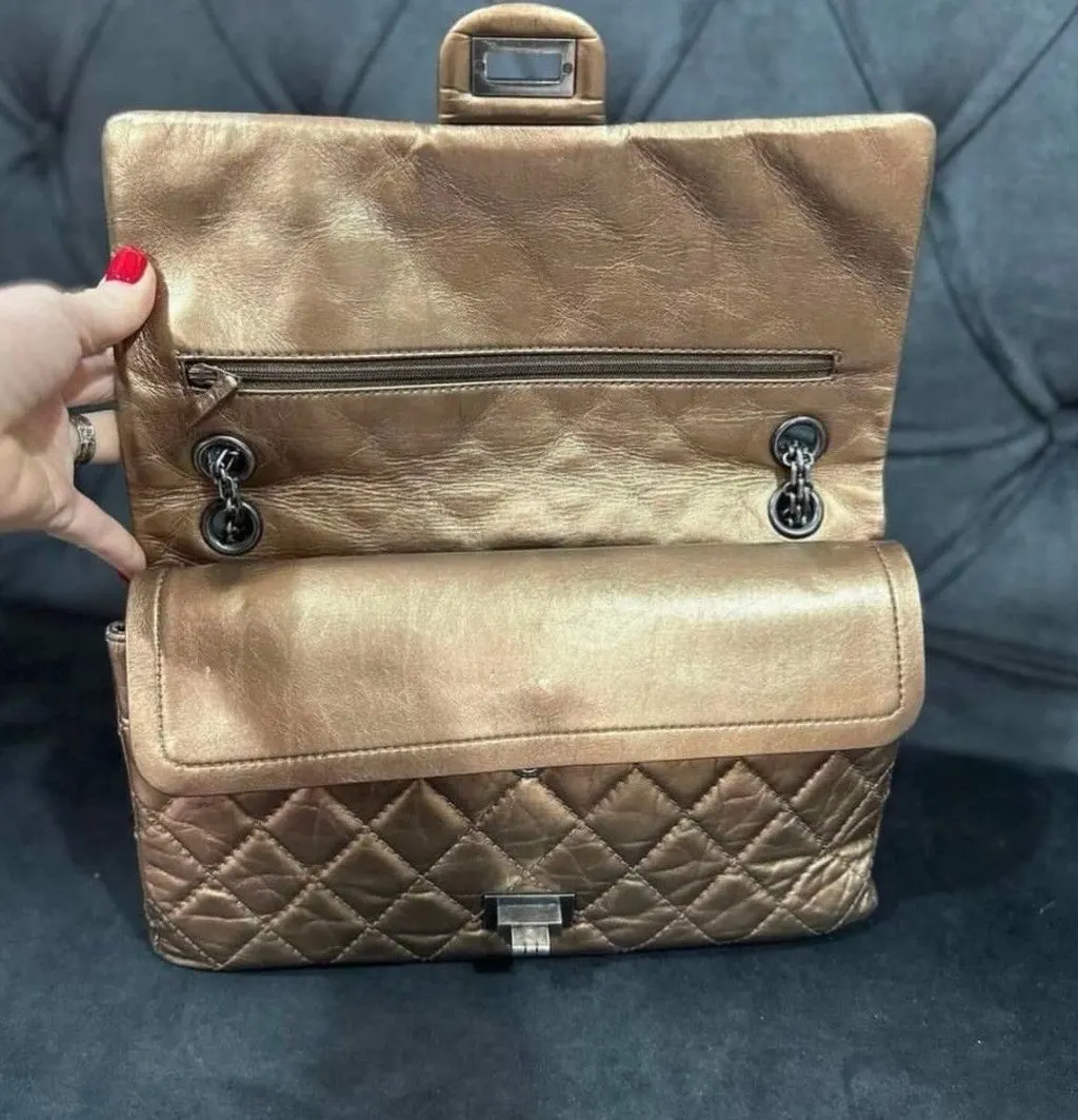 Chanel Bronze Aged Calfskin Reissue Double Flap Classic Bag Pre-Owned Silver Leather Good - Back View
