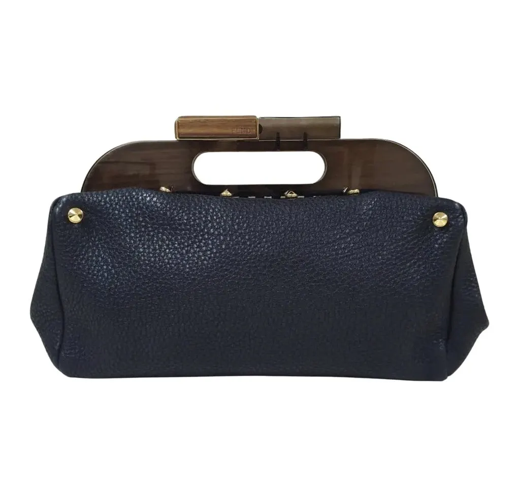 Fendi Black Leather Walnut Wood Handle Clutch Bag Pre-Owned Black Leather Good - Front View