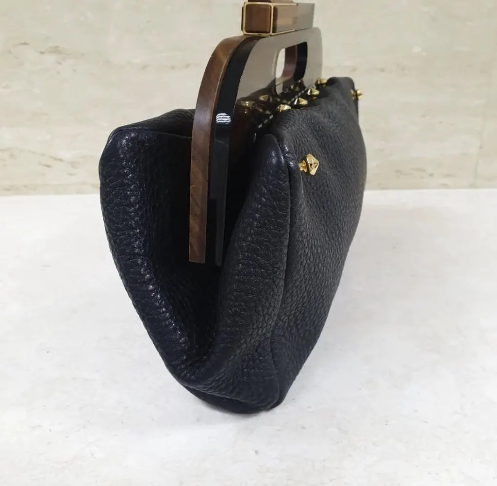 Fendi Black Leather Walnut Wood Handle Clutch Bag Pre-Owned Black Leather Good - Back View
