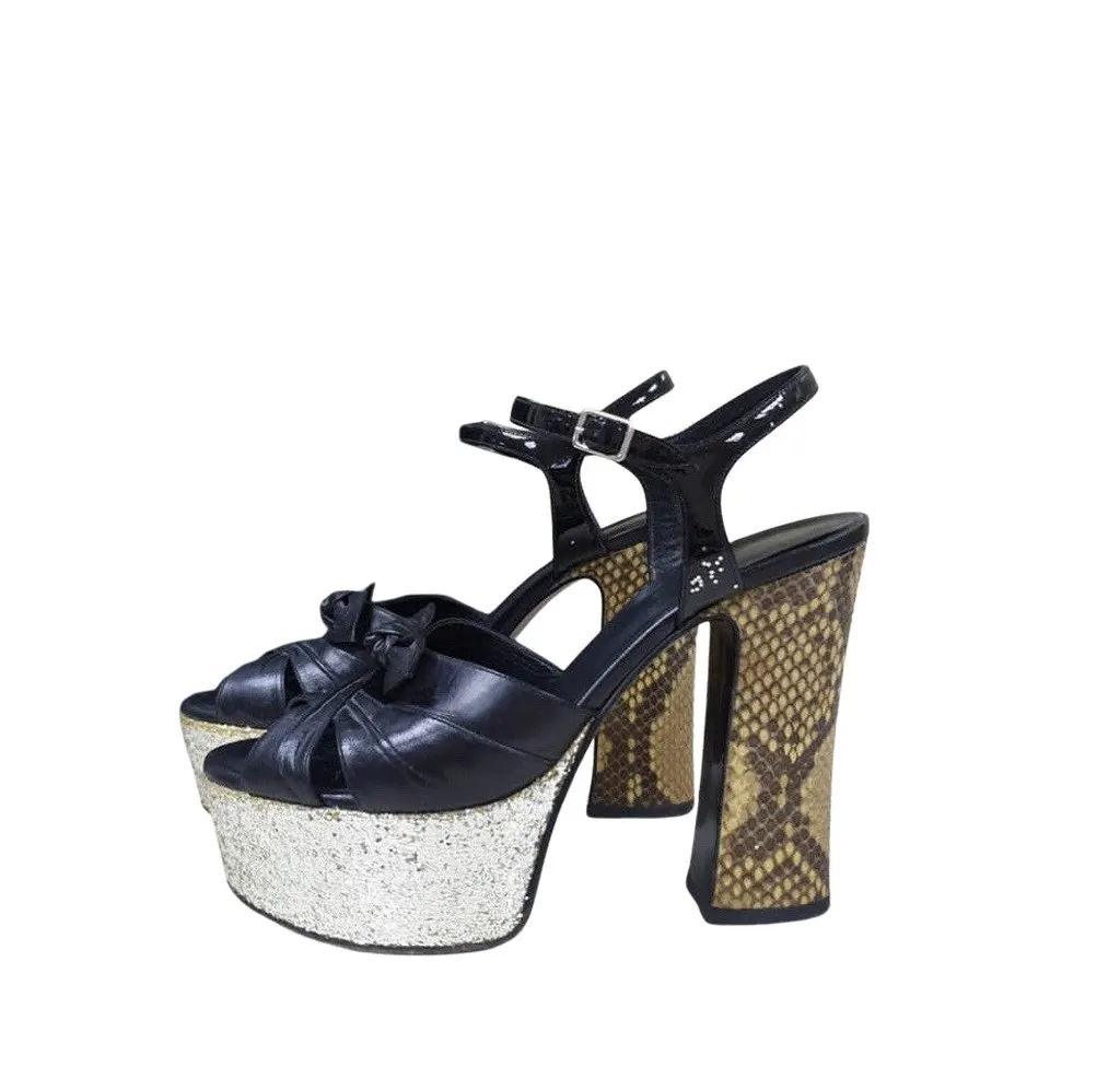 Yves Saint Laurent Black Leather Python Heeled Platform Sandals Sz.36 Pre-Owned Black Leather Good - Front View