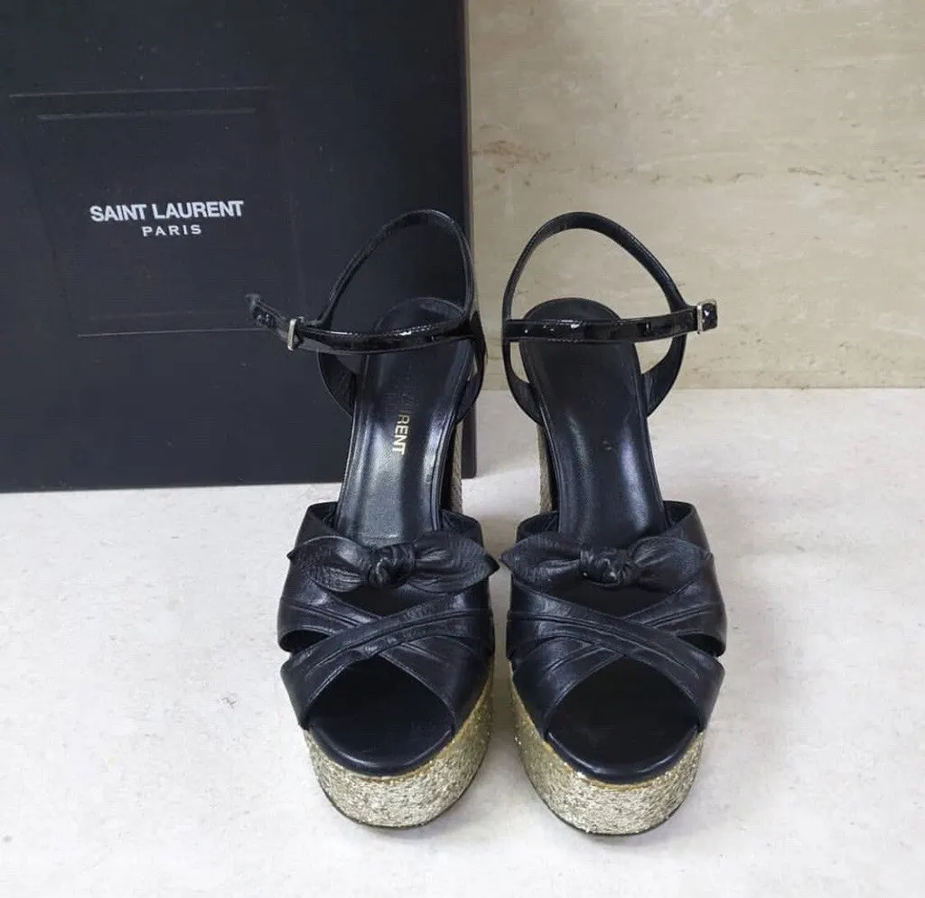 Yves Saint Laurent Black Leather Python Heeled Platform Sandals Sz.36 Pre-Owned Black Leather Good - Back View