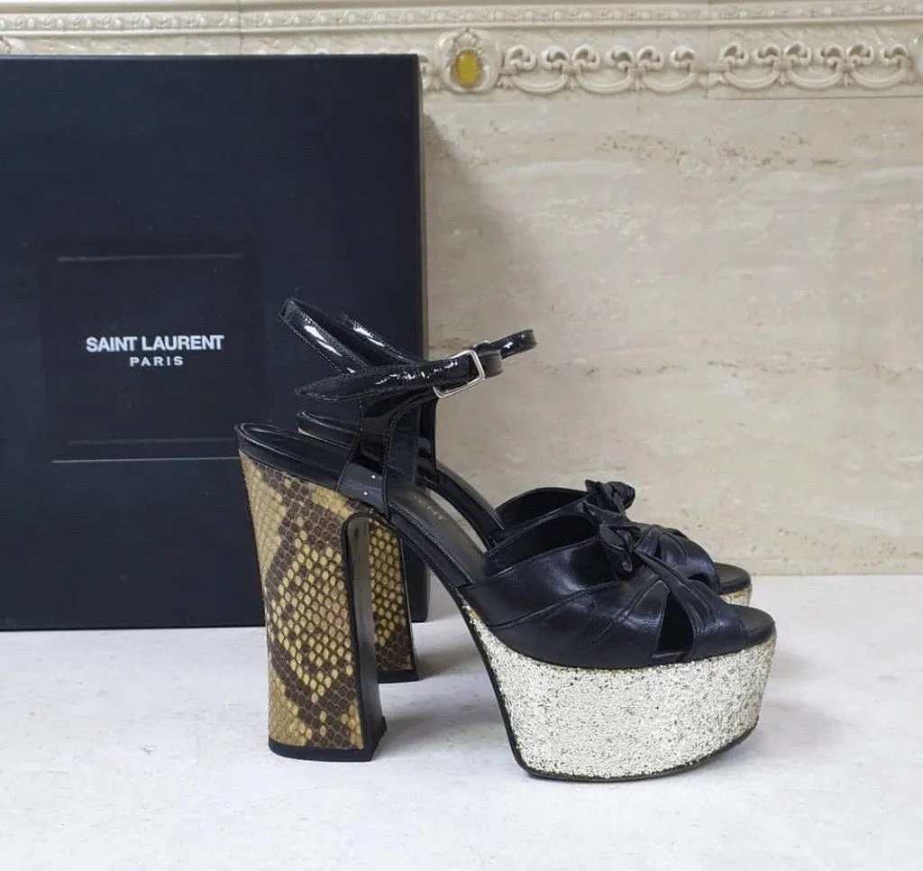 Yves Saint Laurent Black Leather Python Heeled Platform Sandals Sz.36 Pre-Owned Black Leather Good - Inside View