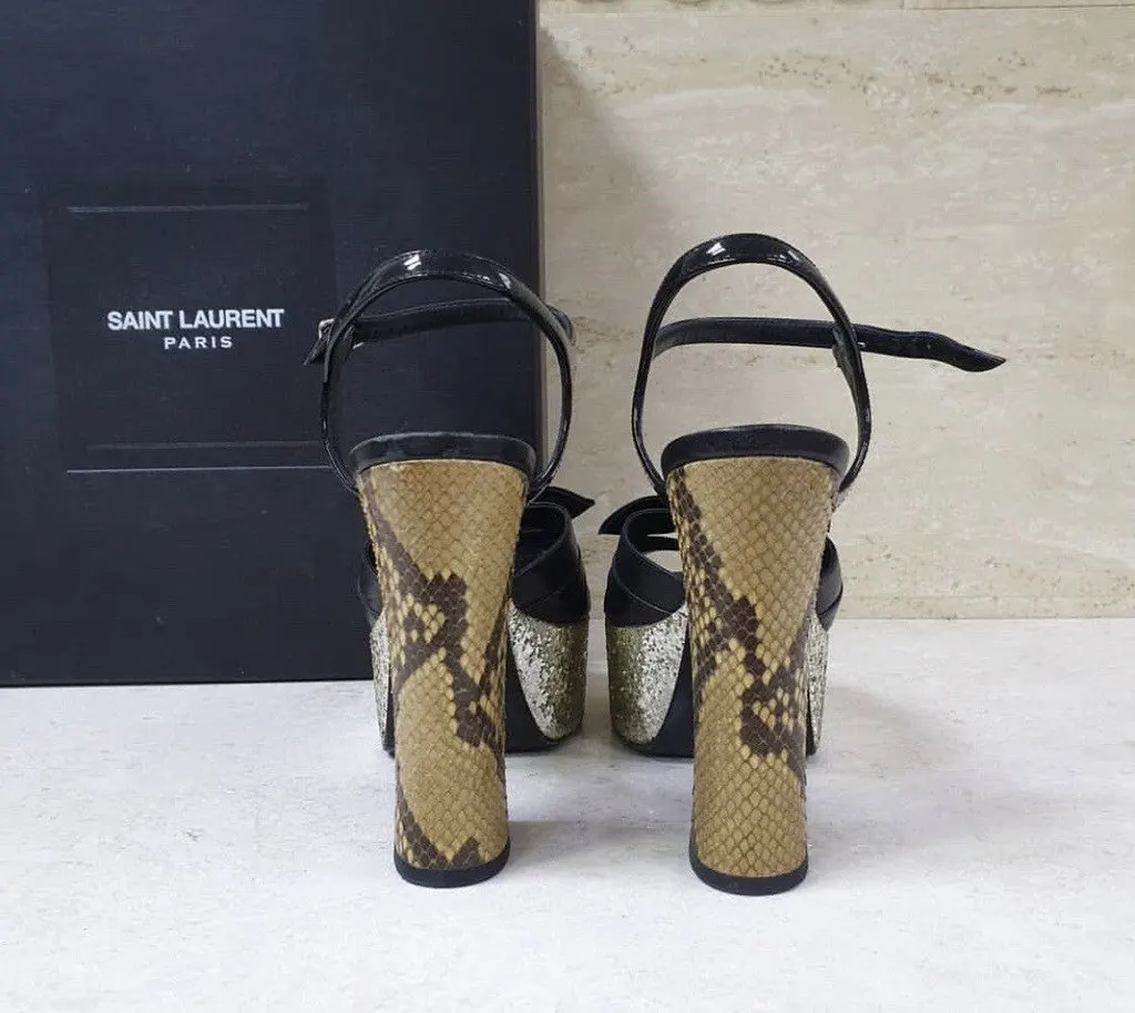 Yves Saint Laurent Black Leather Python Heeled Platform Sandals Sz.36 Pre-Owned Black Leather Good - Model View