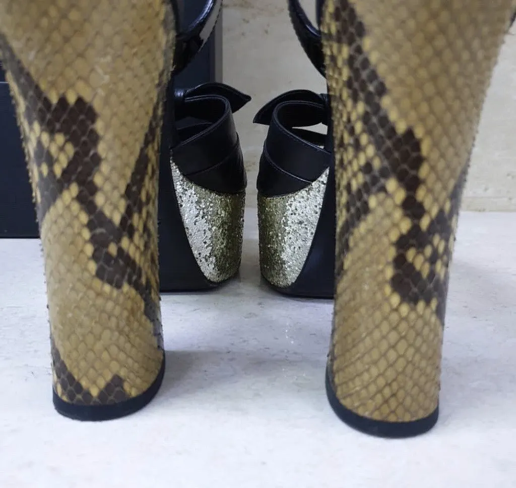 Yves Saint Laurent Black Leather Python Heeled Platform Sandals Sz.36 Pre-Owned Black Leather Good - Box View