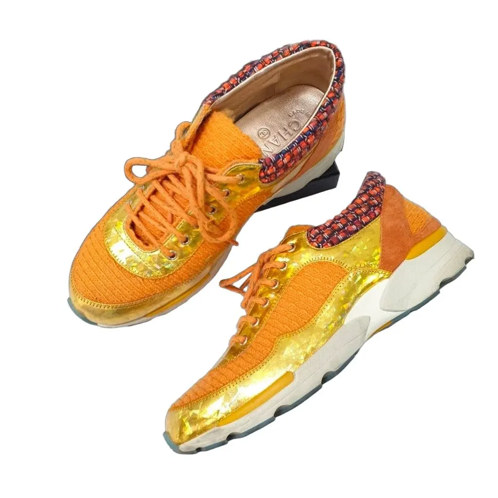 Chanel orange & gold 14K SUPERMARKET TWEED Sneakers pre-owned Orange Tweed Good - Front View