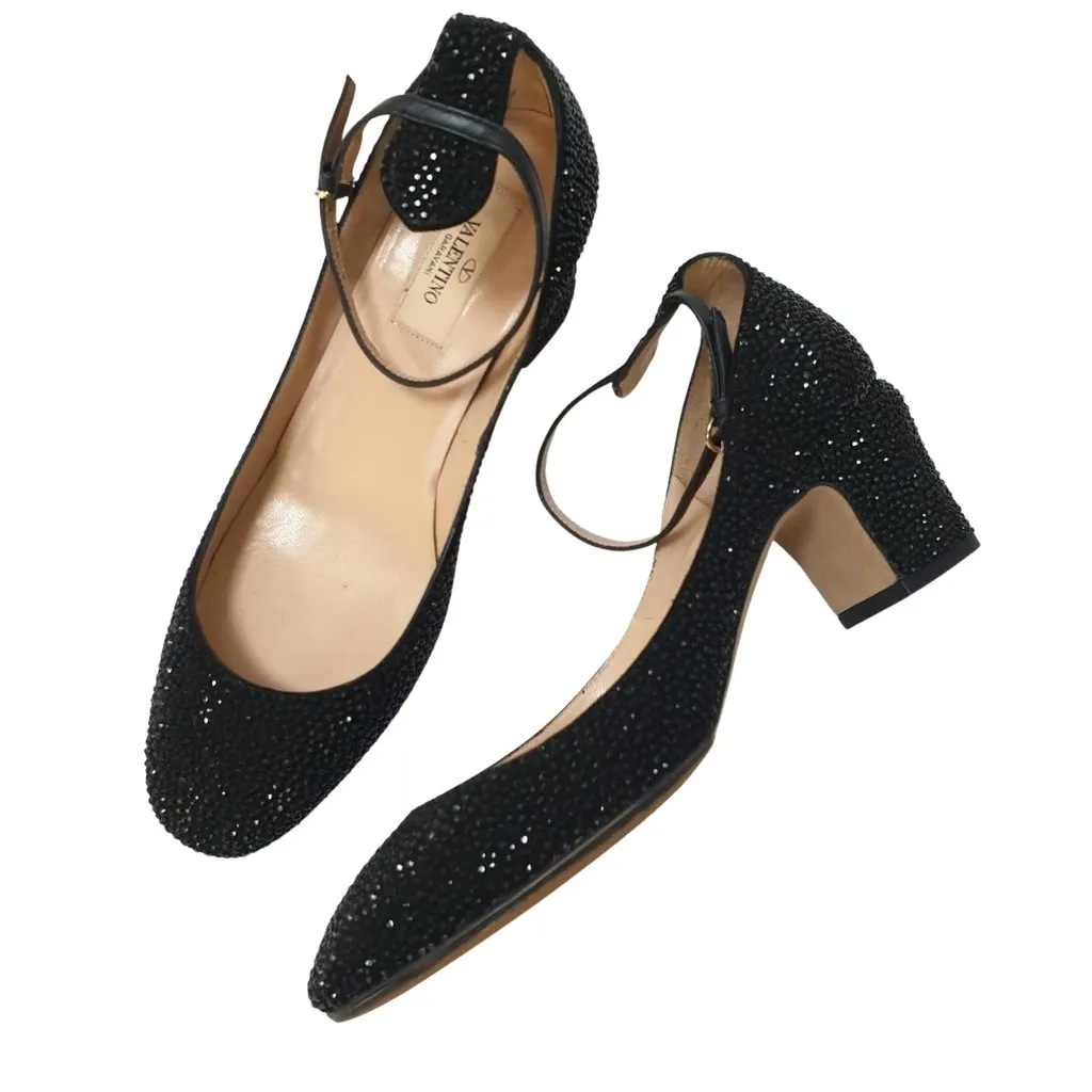 Valentino Garavani D’Orsay Black Suede Rhinstone Pumps Heels Sz.38.5 Pre owned Black Suede Good - Front View