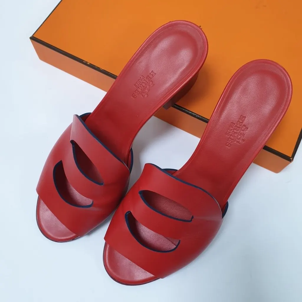 Hermès Red Leather Mona Block Heel Slide Sandals Sz.38 pre-owned Red Leather Good - Back View