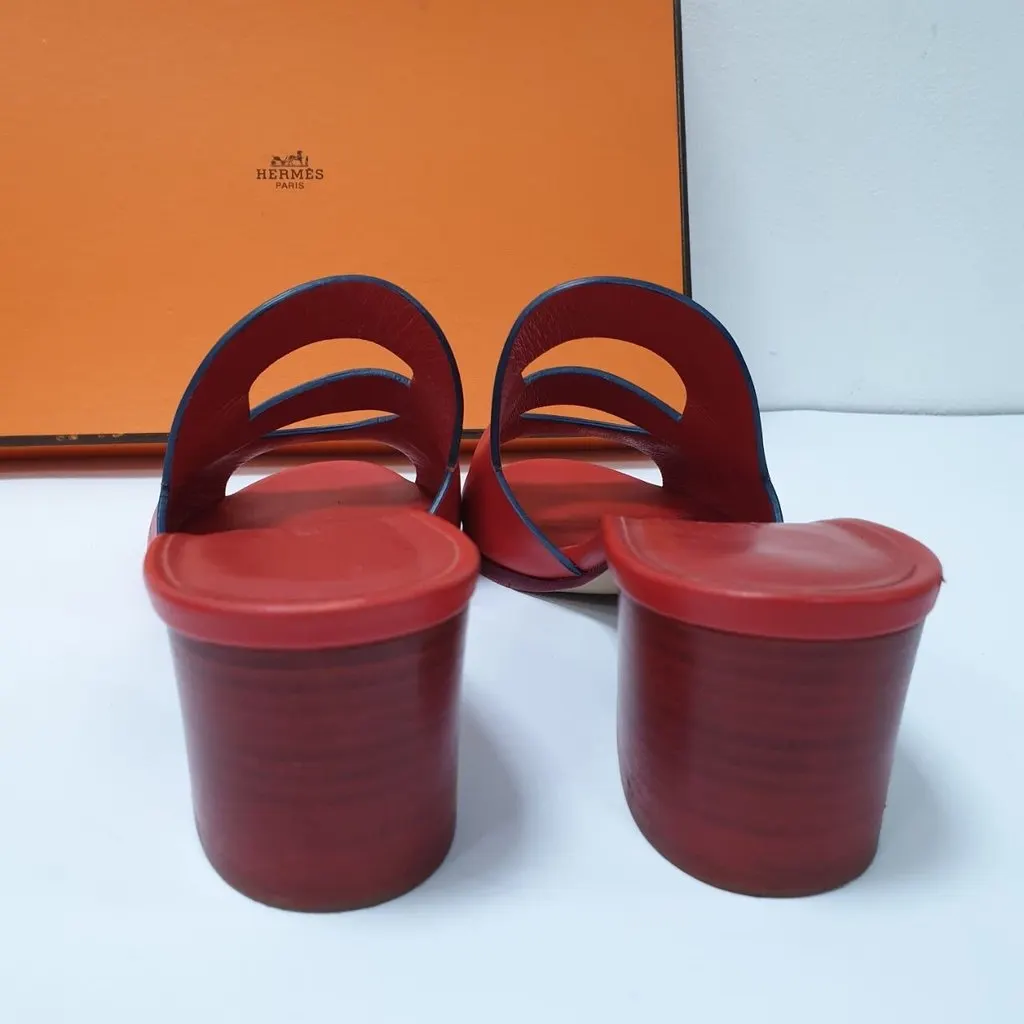 Hermès Red Leather Mona Block Heel Slide Sandals Sz.38 pre-owned Red Leather Good - Inside View