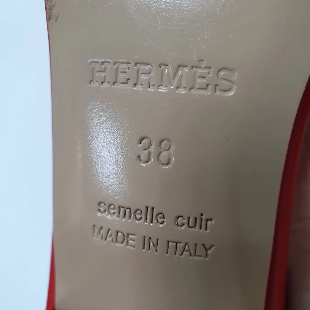 Hermès Red Leather Mona Block Heel Slide Sandals Sz.38 pre-owned Red Leather Good - Model View
