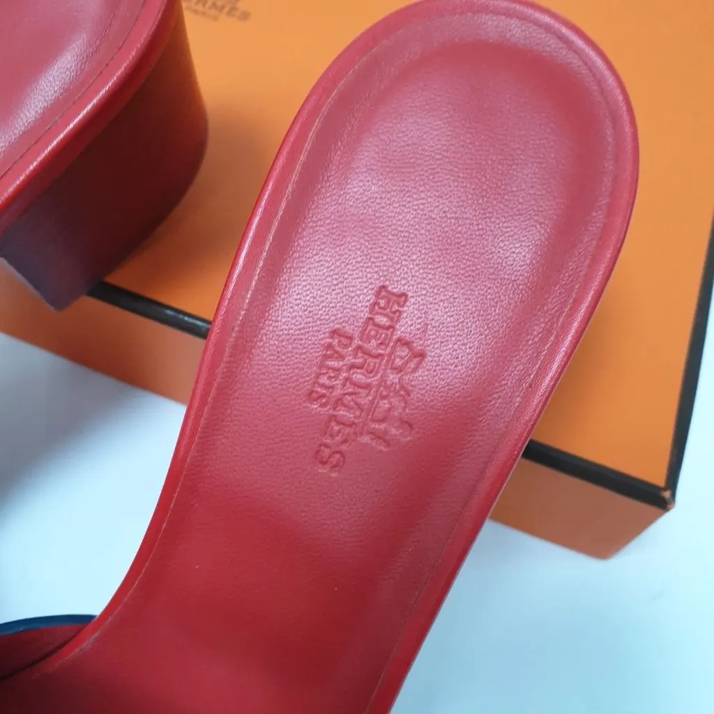 Hermès Red Leather Mona Block Heel Slide Sandals Sz.38 pre-owned Red Leather Good - Box View