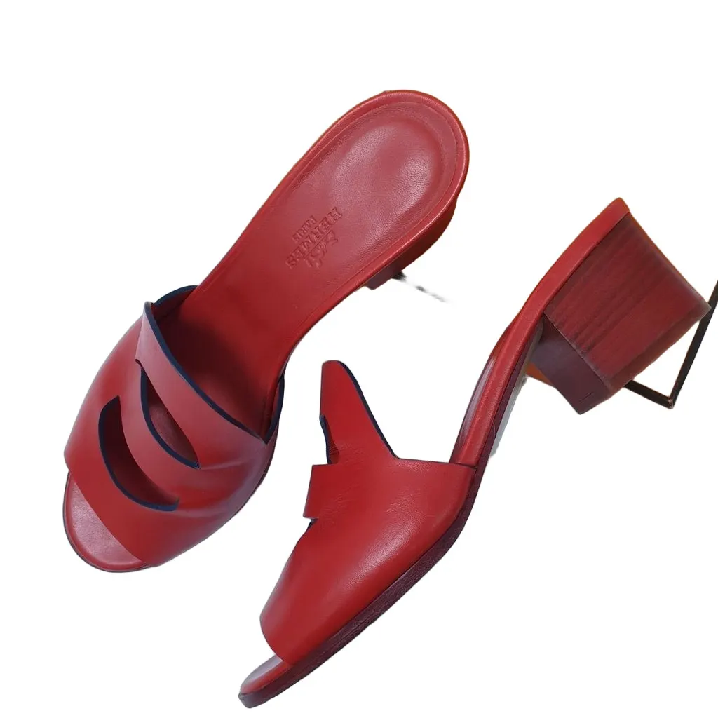 Hermès Red Leather Mona Block Heel Slide Sandals Sz.38 pre-owned Red Leather Good - Front View