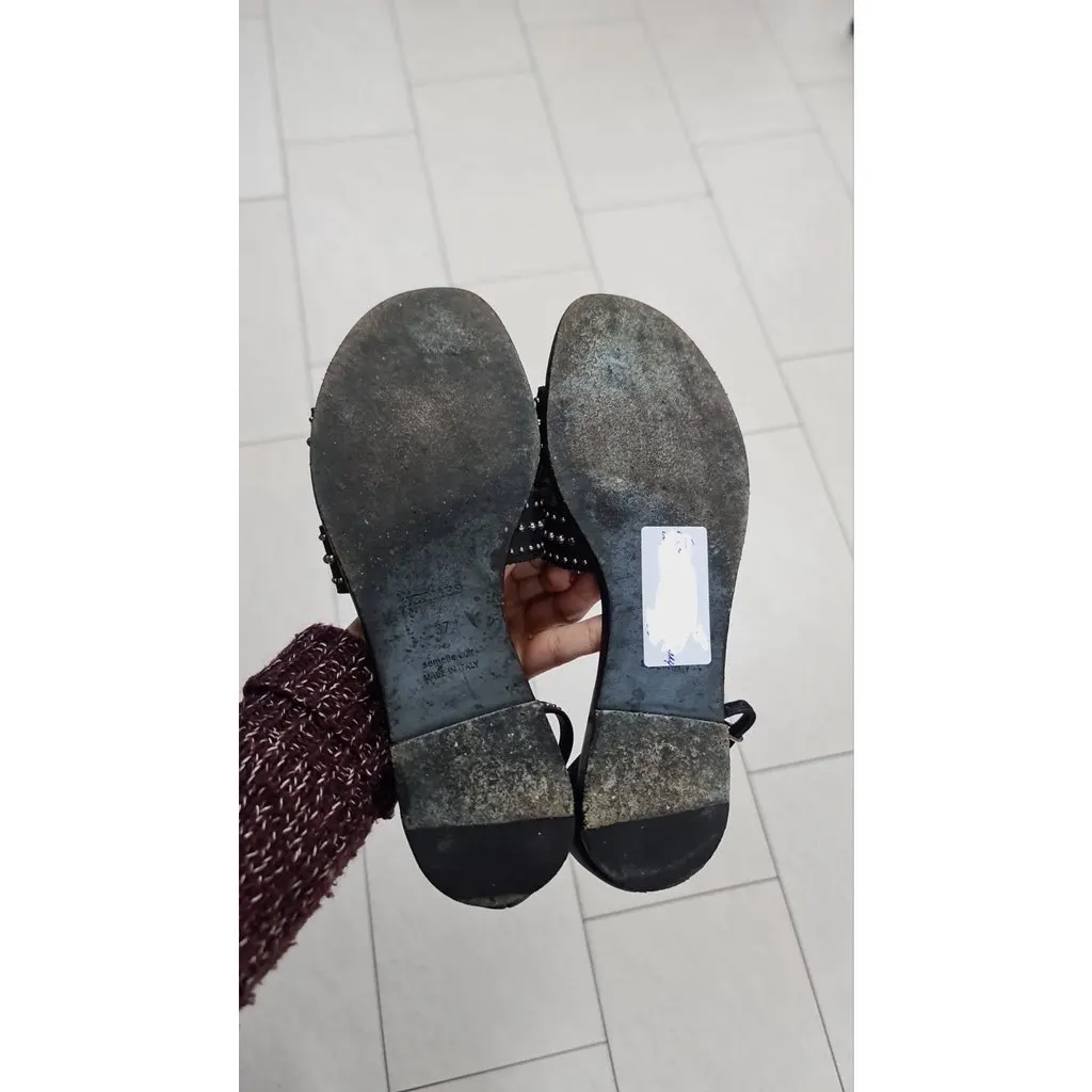 Hermès Black Leather Santorini Ankle Wrap Sandals Size 37 pre-owned Black Leather Good - Inside View