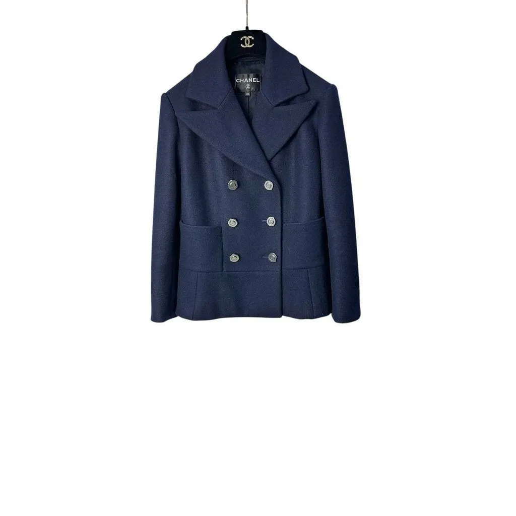 Chanel Navy Blue Wool Double-Breasted Peacoat Sz.38 Navy Wool Good - Front View