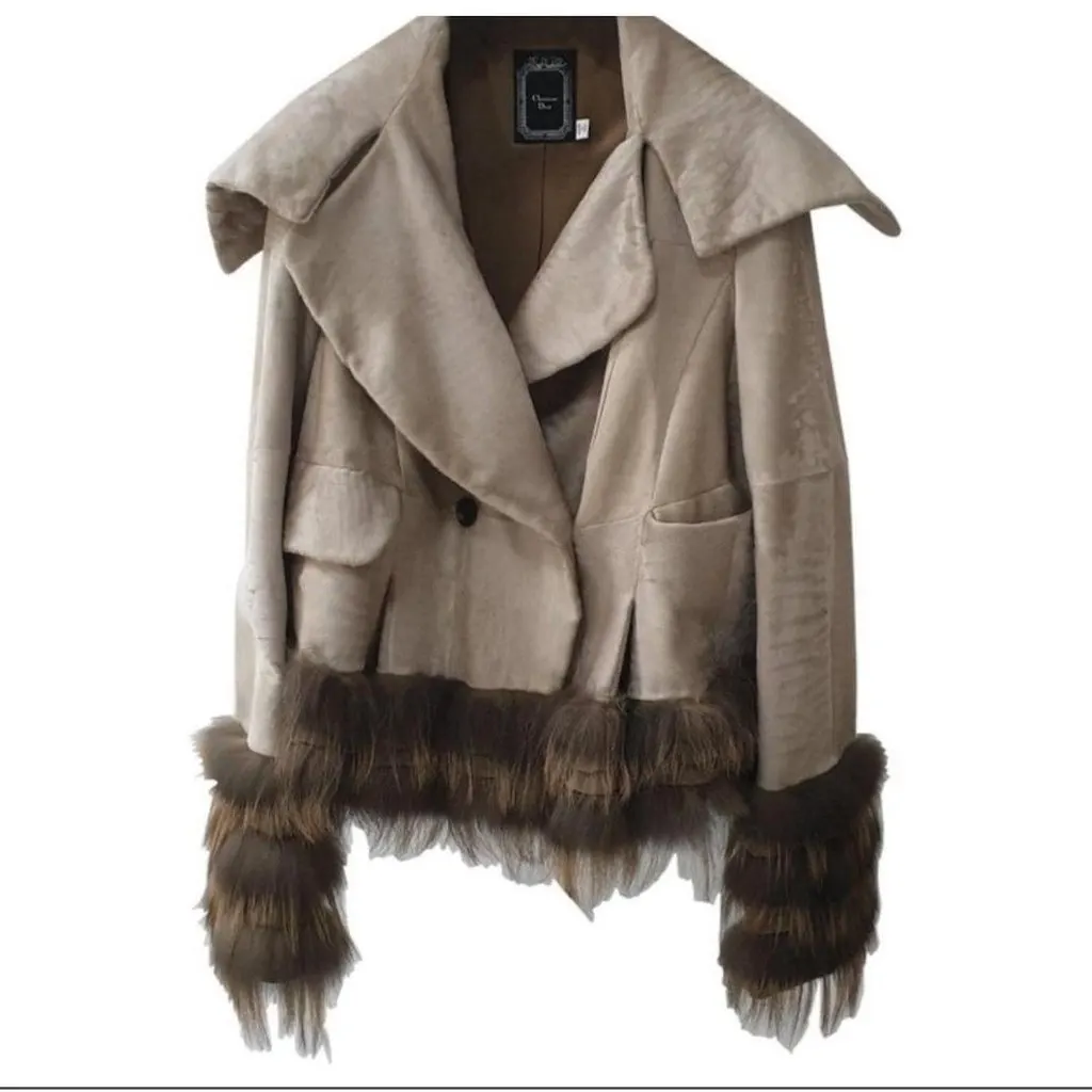 Dior Christian Dior Beige Leather Faux Fox Trimmed Jacket Sz.36 Pre-owned Beige Leather Good - Back View