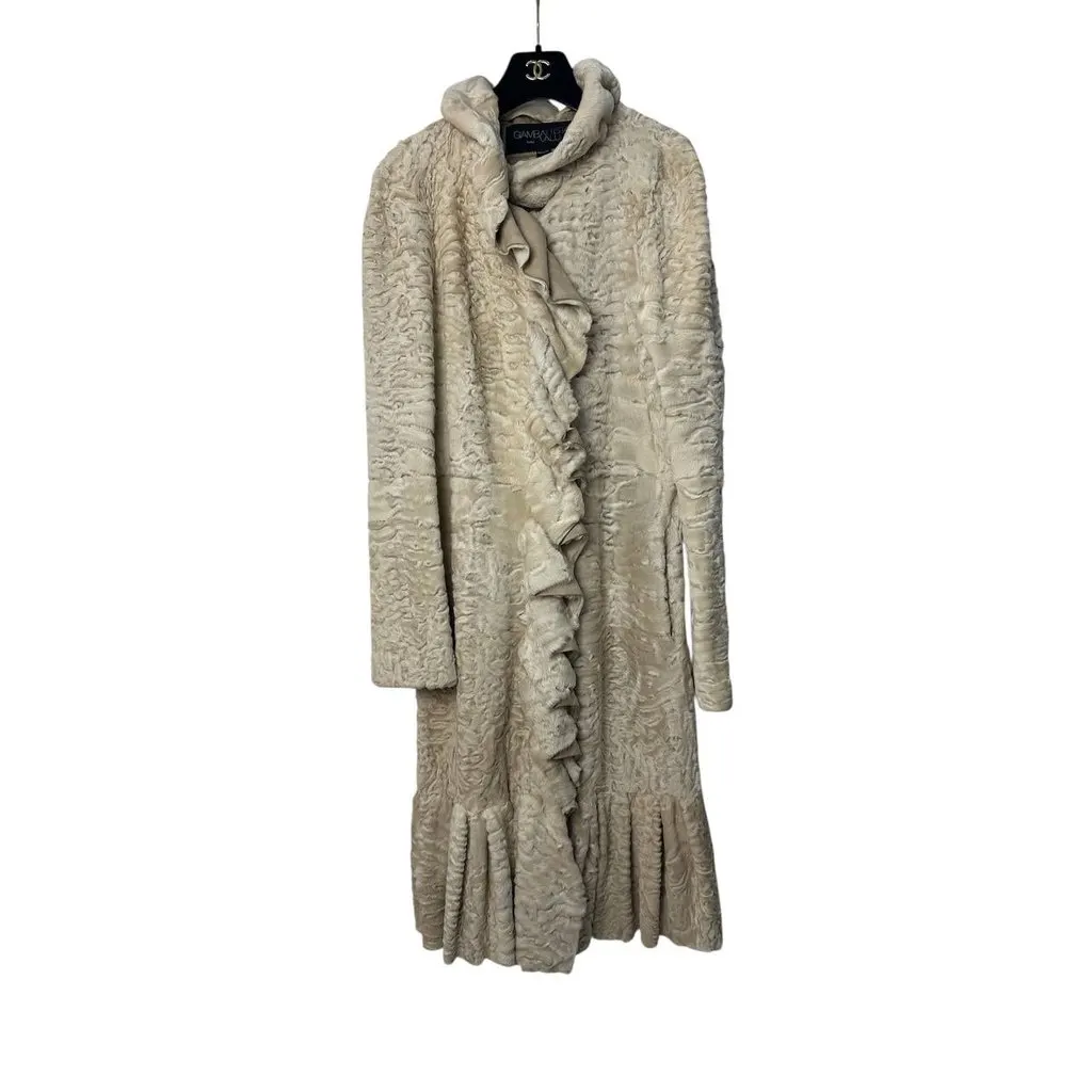 Giambattista Valli Karakul Fur Ruffle Trim Coat Sz.38 Pre-owned Beige Good - Front View