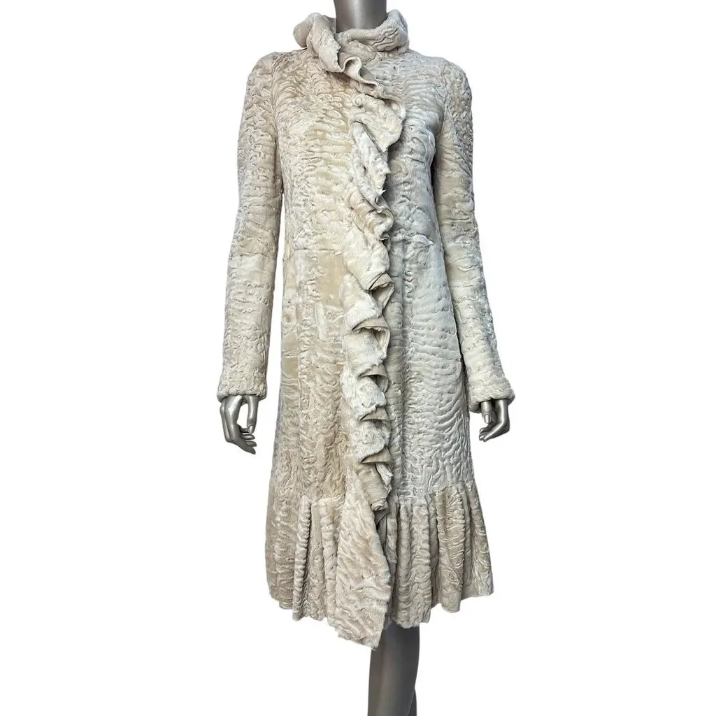 Giambattista Valli Karakul Fur Ruffle Trim Coat Sz.38 Pre-owned Beige Good - Back View