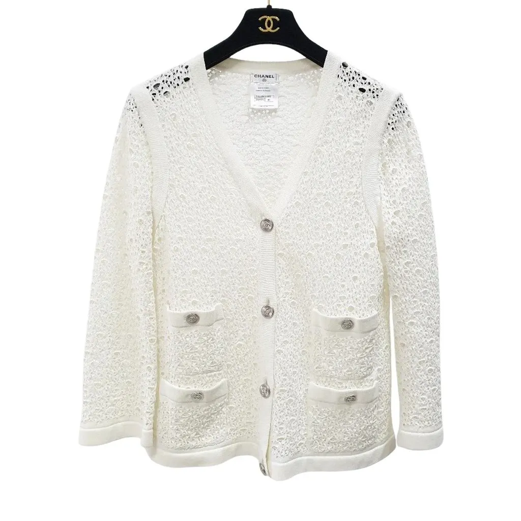 Chanel White Crochet Cotton Cardigan Button-Up Sz. 44 Pre-owned White Cotton Good - Front View
