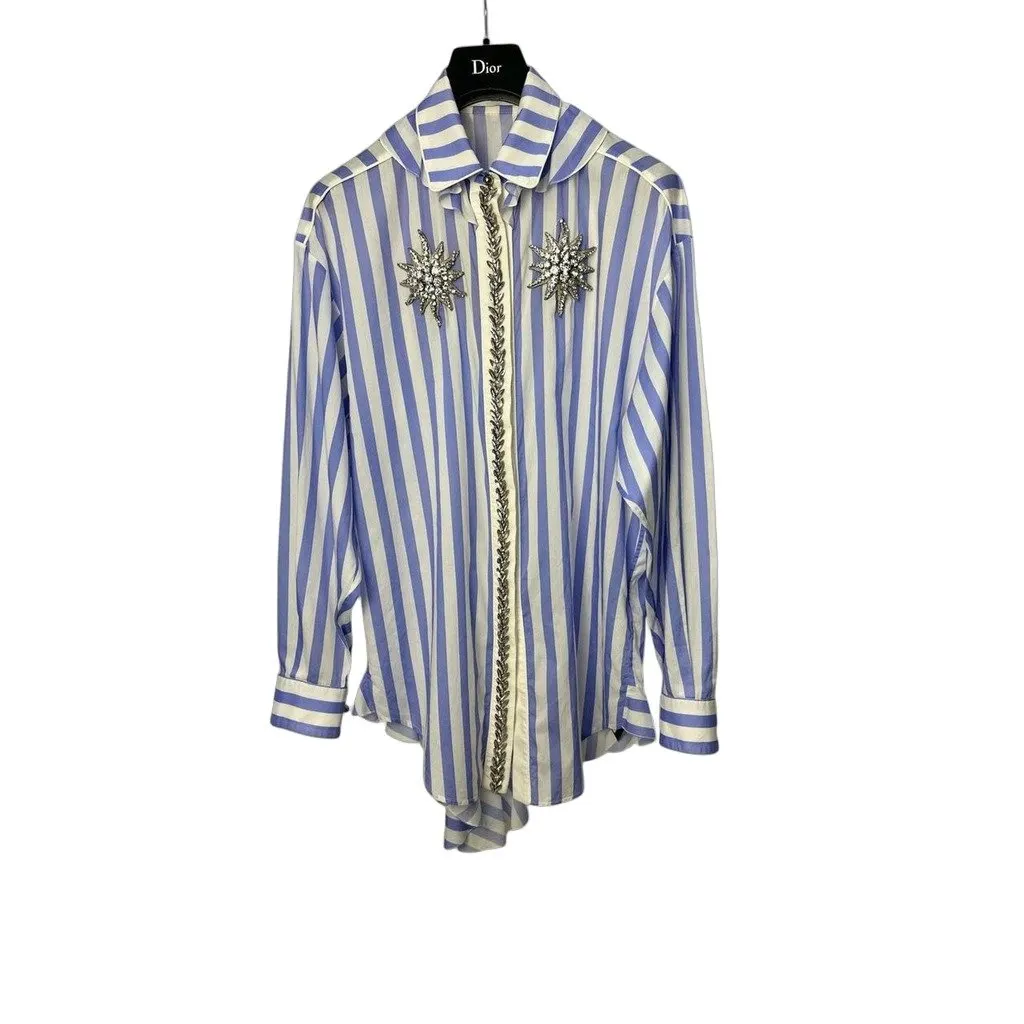 Unsigned Striped Crystal Embellishment Shirt Sz.38 White Cotton Good - Front View