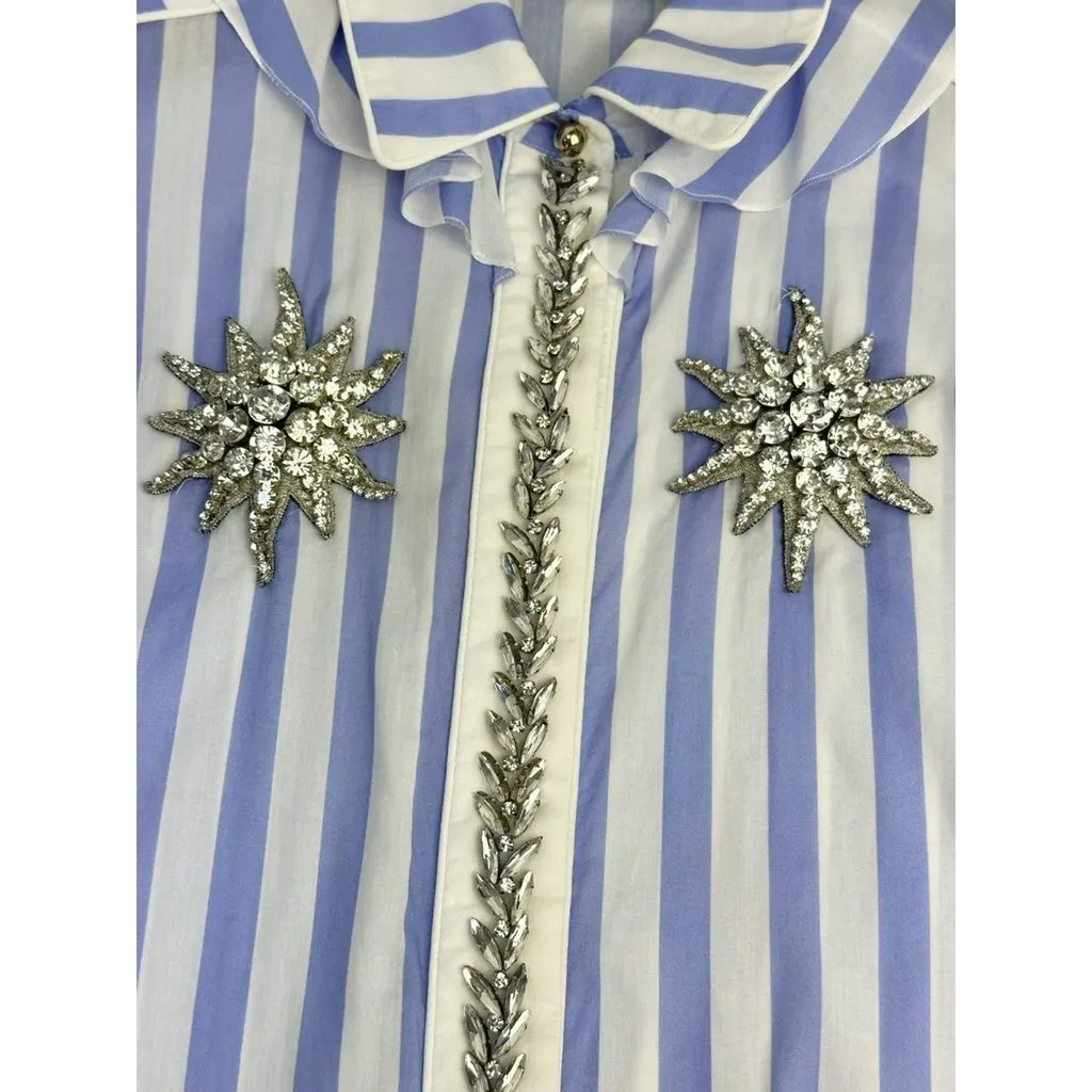 Unsigned Striped Crystal Embellishment Shirt Sz.38 White Cotton Good - Inside View