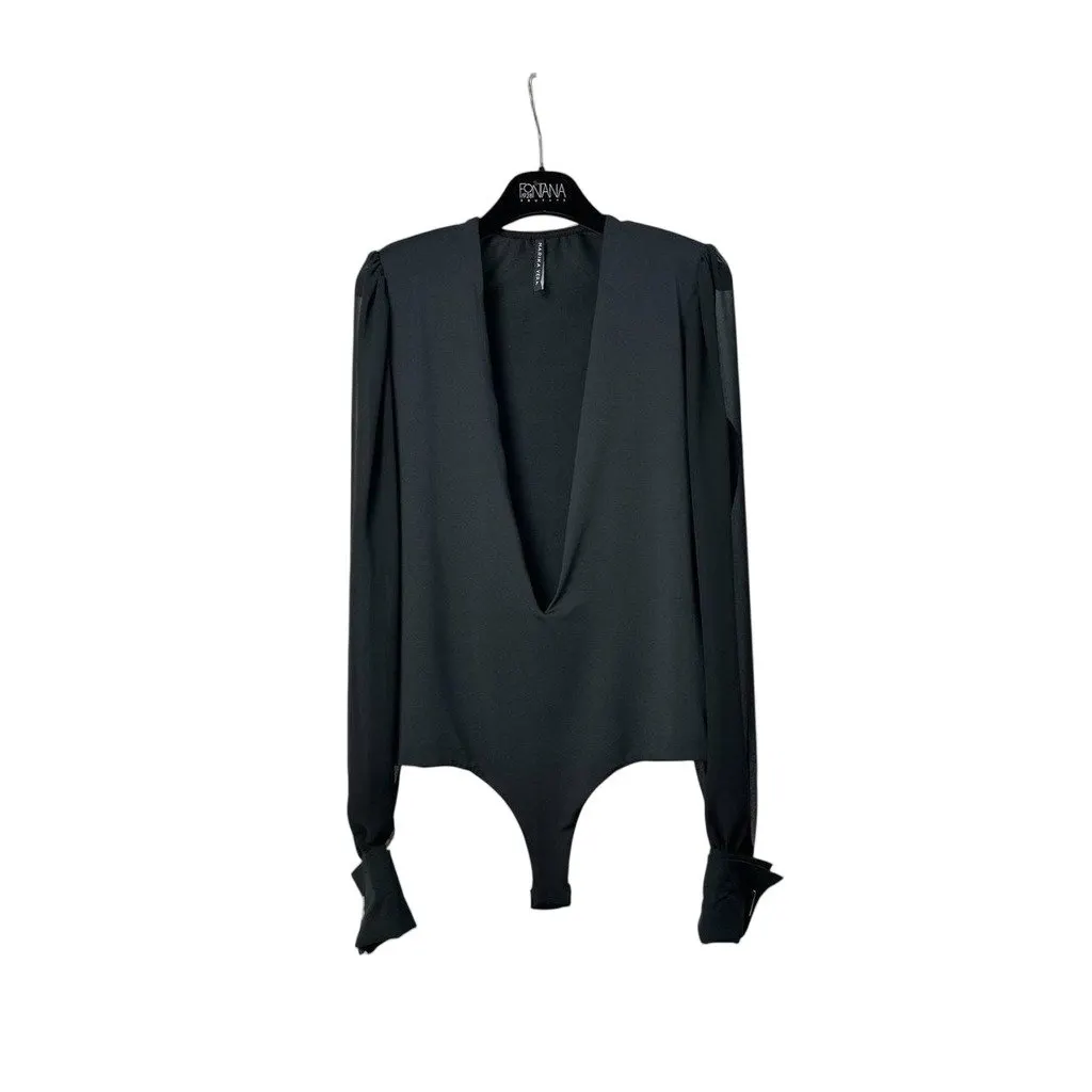 Unsigned Deep V-neck Bodysuit Sz.40 Pre-owned Black Denim Good - Front View