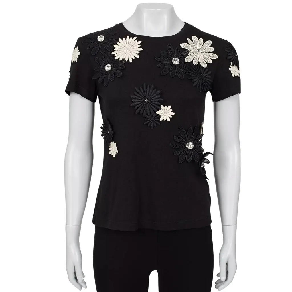 Emanuel Ungaro Black & White Floral Cotton T-Shirt Sz.38 Pre-owned Black Cotton Good - Front View