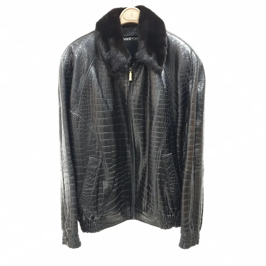 ZILLI Crocodile Print Lambskin Leather Lined Jacket Size 58 Pre-owned Black Leather Good - Front View